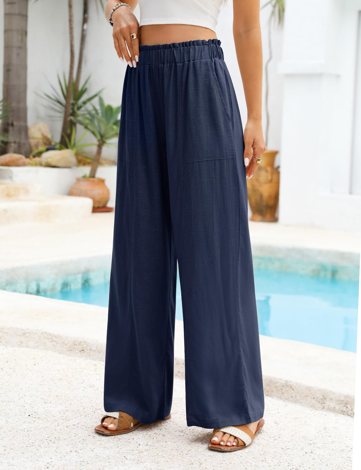 Niwicee Pantaloni Lino Donna Estivi Pantaloni Larghi Eleganti Pantaloni Vita Alta Elastico Pantaloni Leggeri Estivi Casual Solido Sciolto Gamba Dritta Pantaloni con Tasche