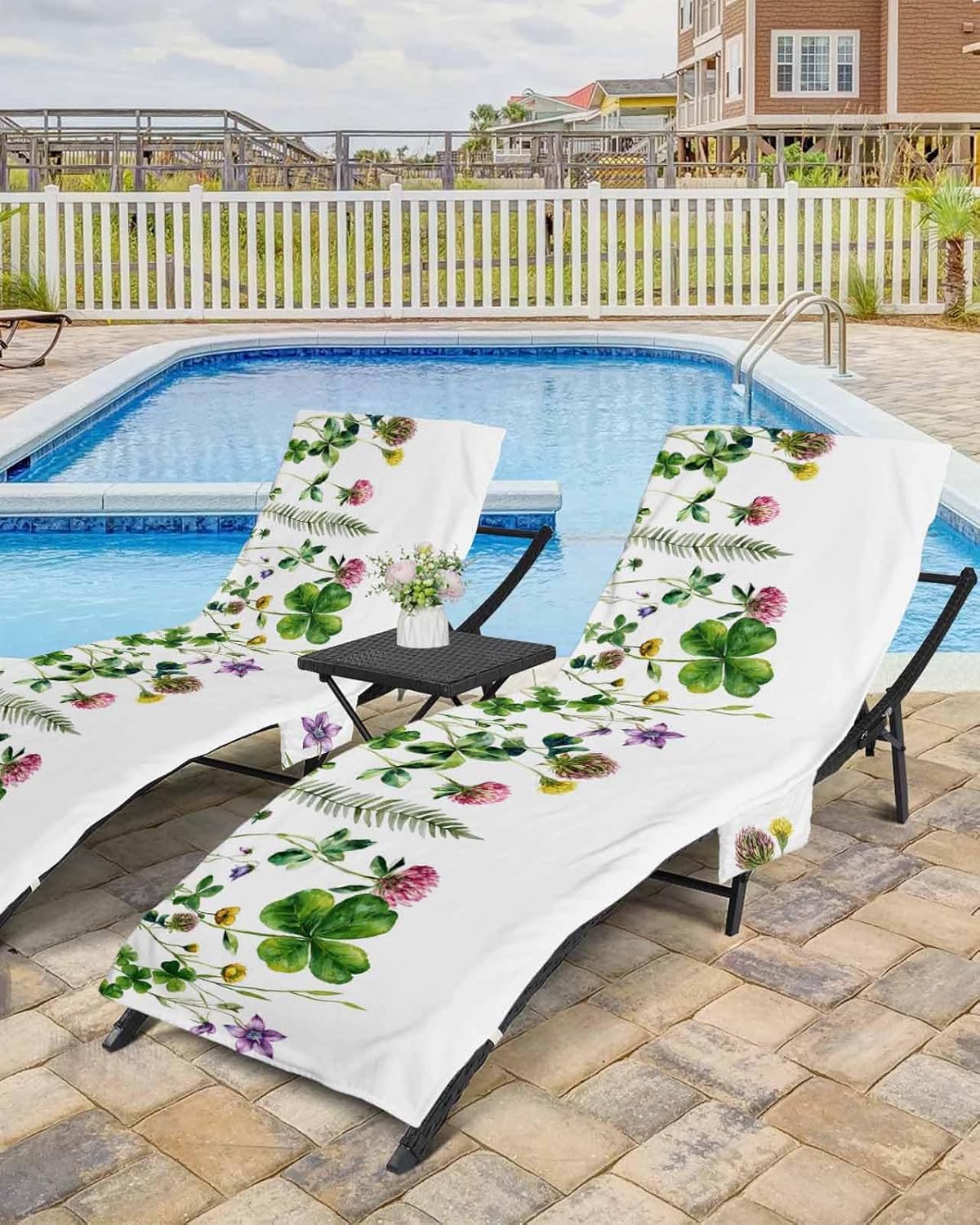 Spring Summer Beach Pool Patio Lounge Chaise Chair Cover Towel With Pockets,Absorbent & Quick Dry Microfiber Towel Cover Bag Summer Accessories for Sunbathing Retro Floral Farmhouse Flower Leaves