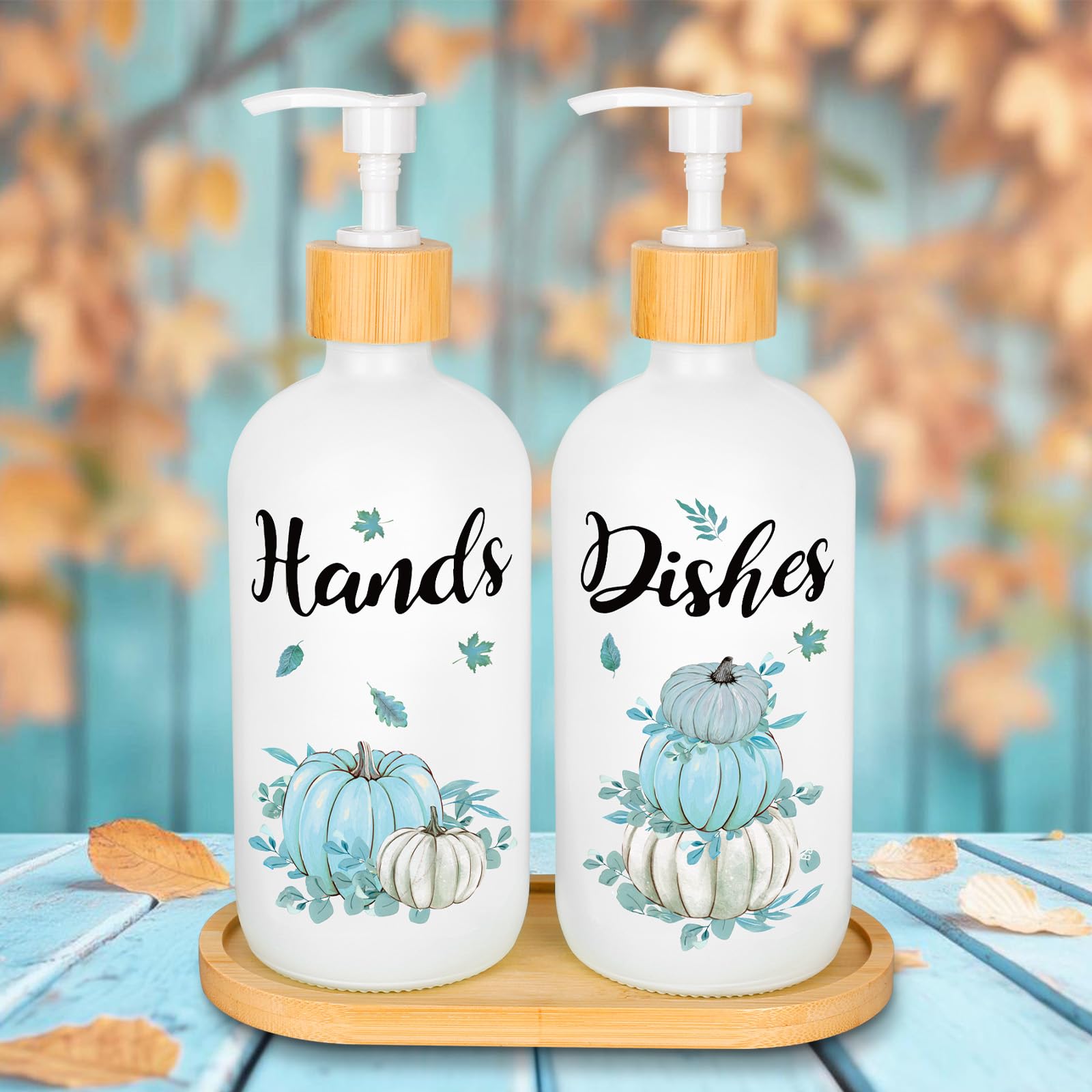 2Pcs Fall Soap Dispenser Watercolor Blue Pumpkin Pile Leaves Glass Soap Dispenser with Pump Refillable Liquid Container for Autumn Thanksgiving Home Kitchen Decor