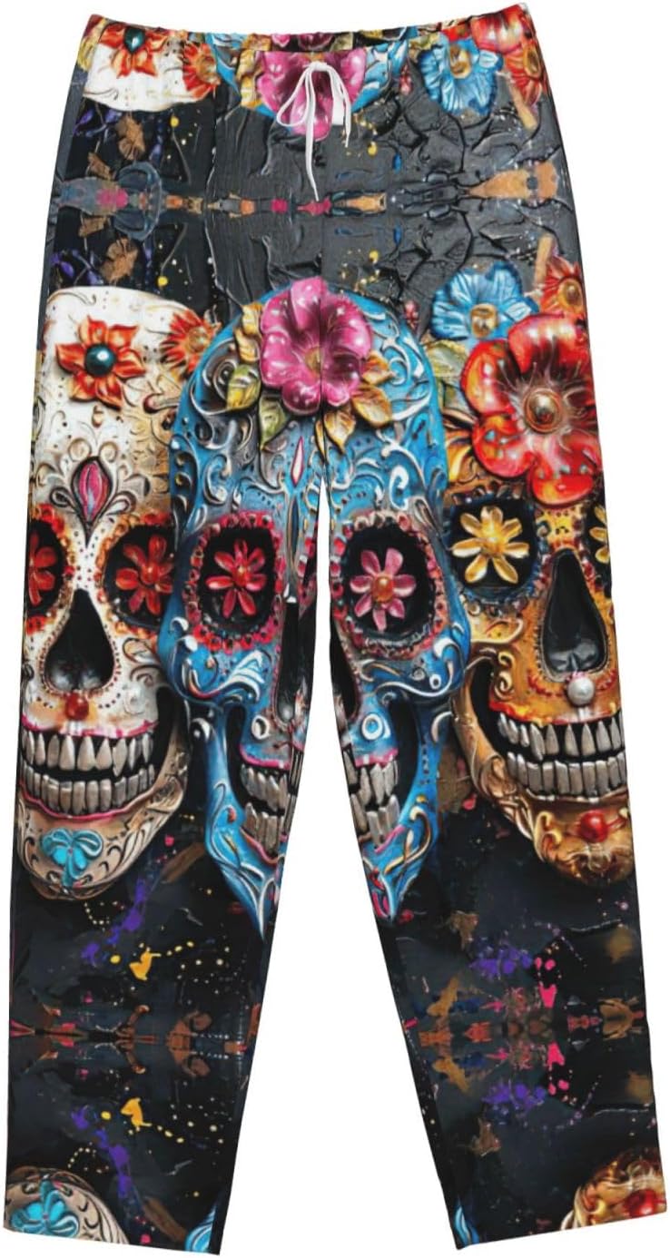 Sugar Skulls Print Cozy Flannel Pajama Pants For Women,Warm Christmas Pj Pants,Cute Fleece Pajamas