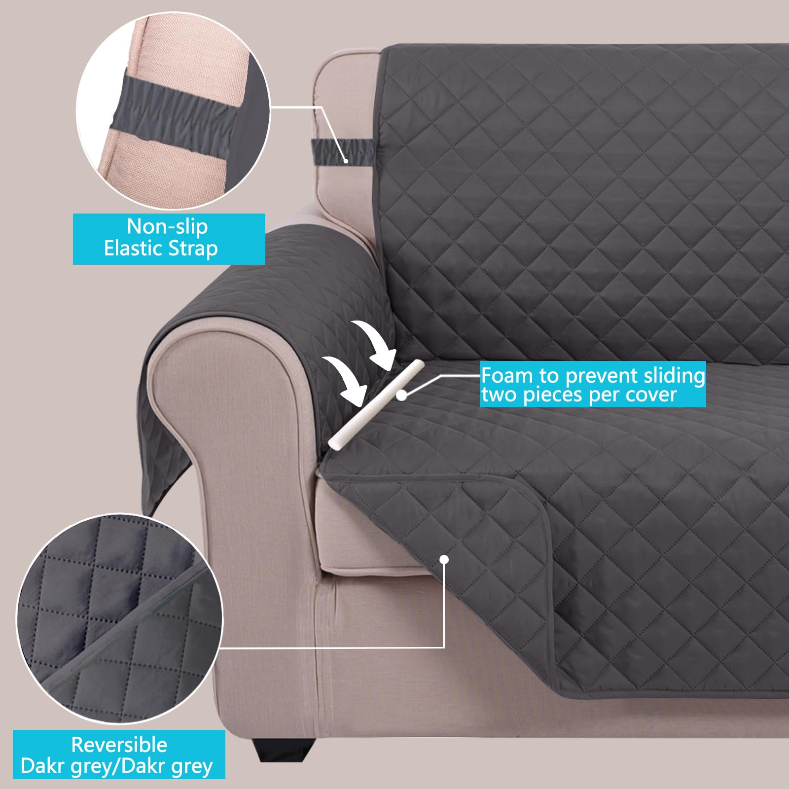 U-NICE HOME Loveseat Pokrowiec na sofę dwustronne pokrowce na 2 poduszki na kanapę dla psów, ochraniacz na meble z elastycznymi paskami, wodoodporny (mały fotel, ciemnoszary/ciemnoszary)