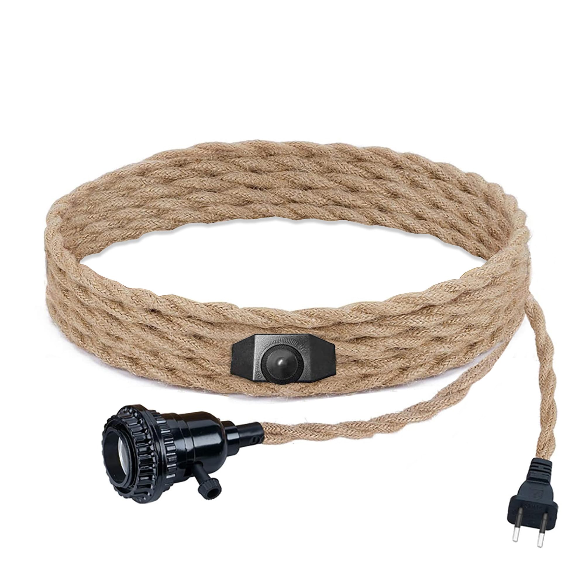 Vintage Twisted Hemp Cord Hanging Light Kit with Plug, Plug in Hanging Light Kit, Pendant Light Cord Kit Fixture with Dimmer Switch for Pendant Lamp, DIY Decoration, E27, 15FT/4.5M