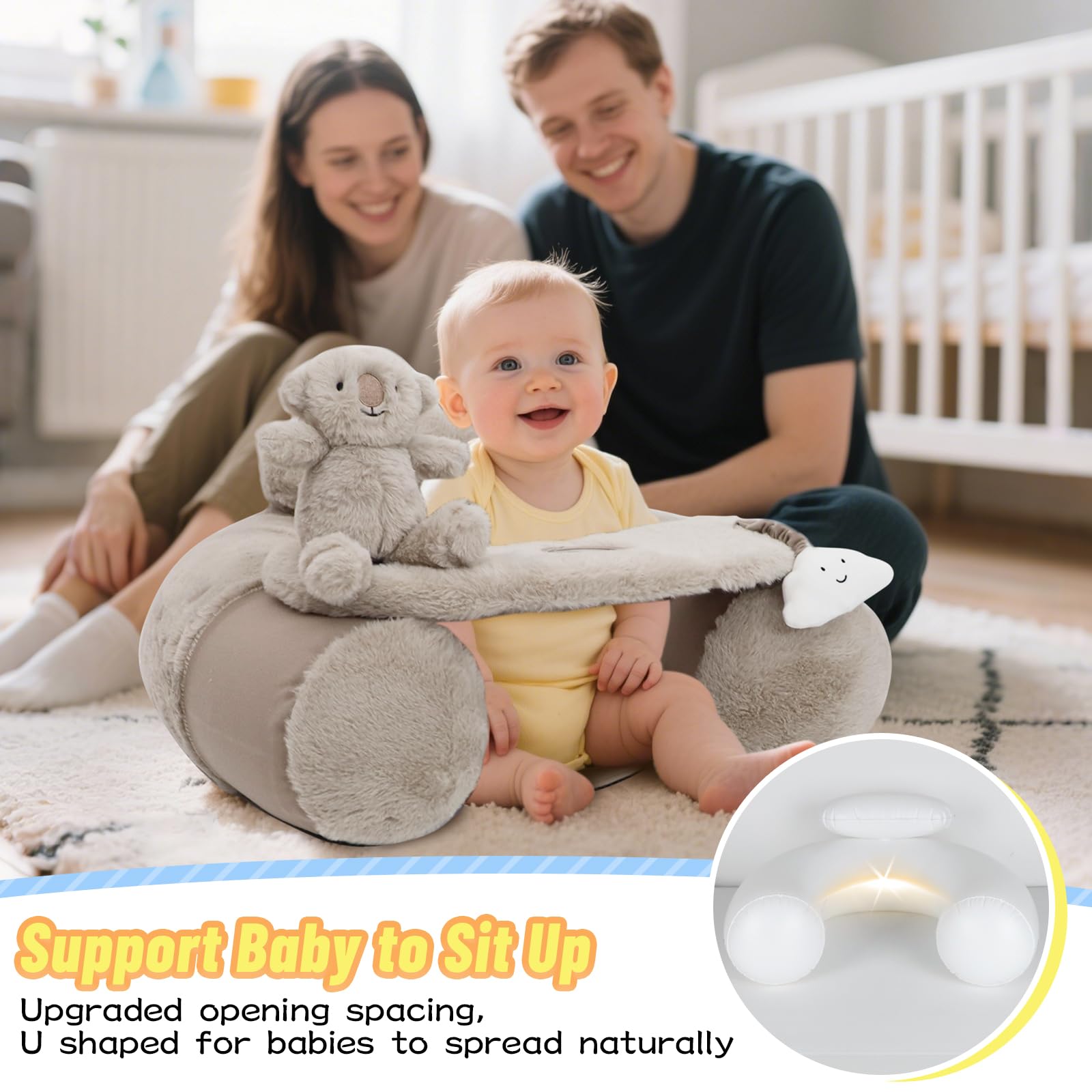 KAKIBLIN Siège de bébé gonflable avec housse pour bébés de 3 à 36 mois, portable, siège gonflable pour s'asseoir et jouer (gris)