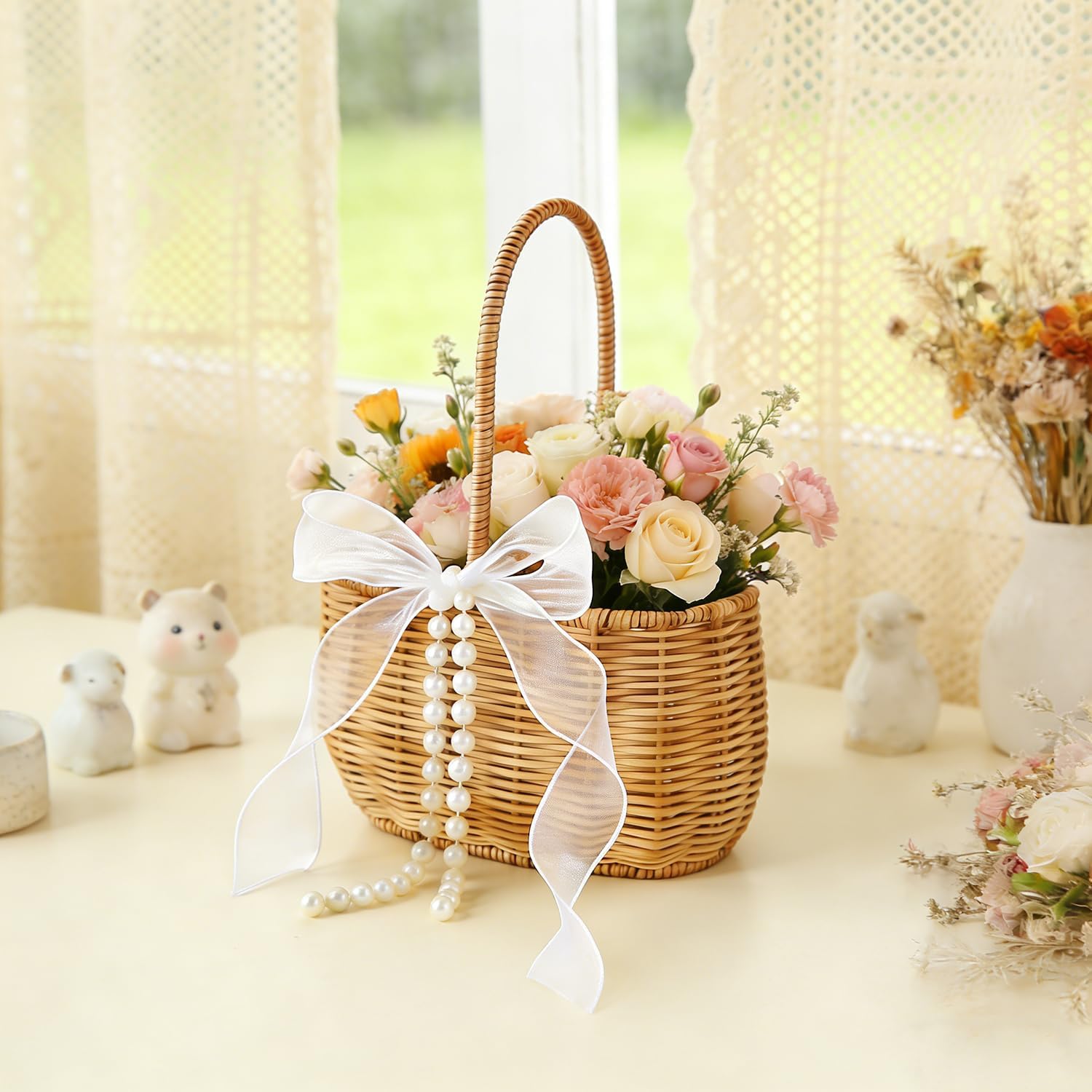 Wicker Rattan Flower Girl Basket with Bows and Pearl Wedding Flower Basket Cute Rattan Wicker Basket Wicker Storage Basket Decorative Baskets for Home Decor