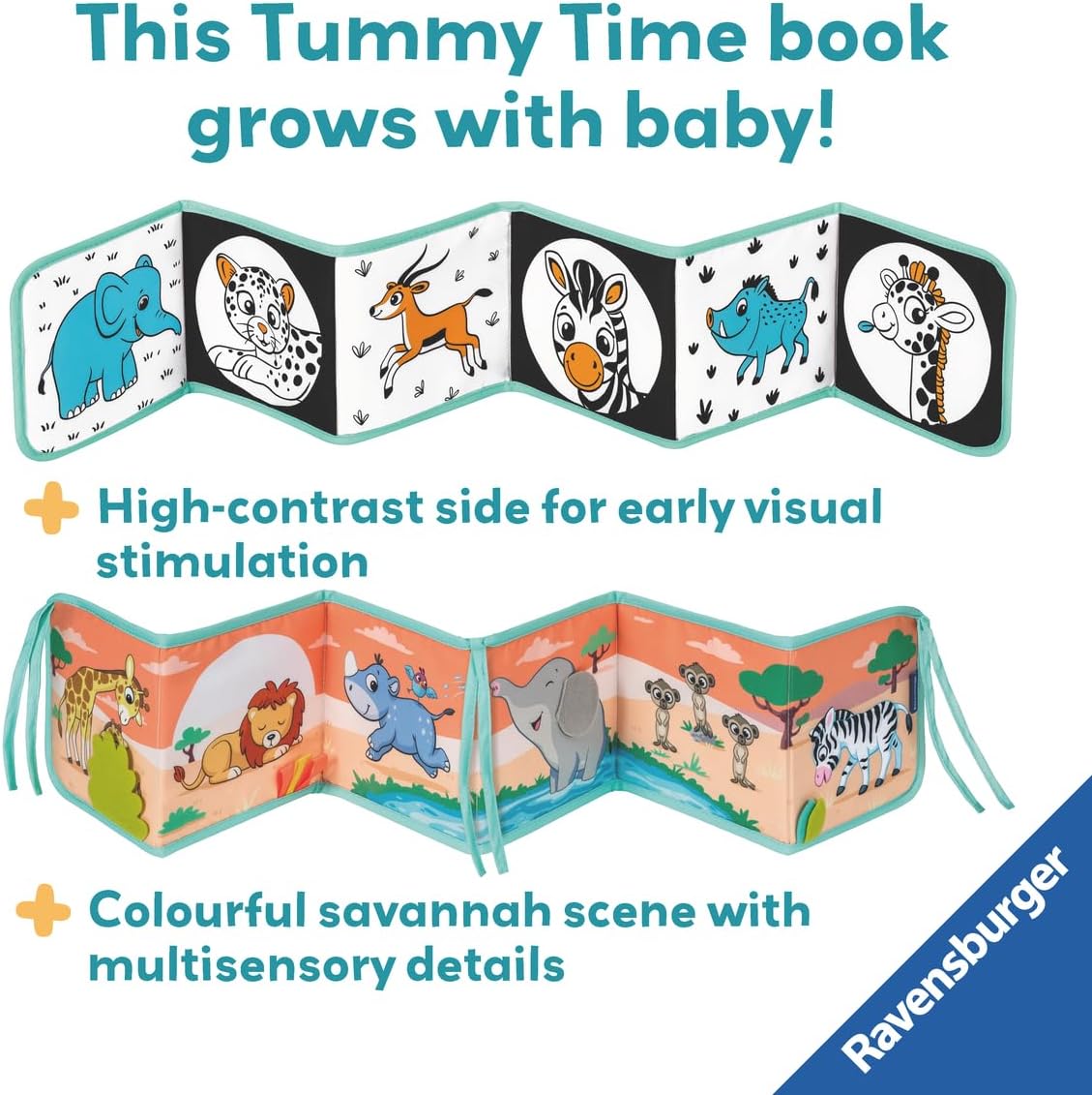 Ravensburger Play+ Tummy Time Book - Wild Animals | Dual-Sided Baby Book | Encourages Early Sensory Development