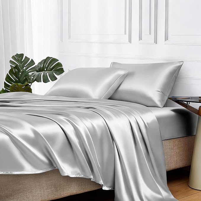 MR&HM Satin Bed Sheets Queen Size 4 Pcs 15 Inches Deep Pocket