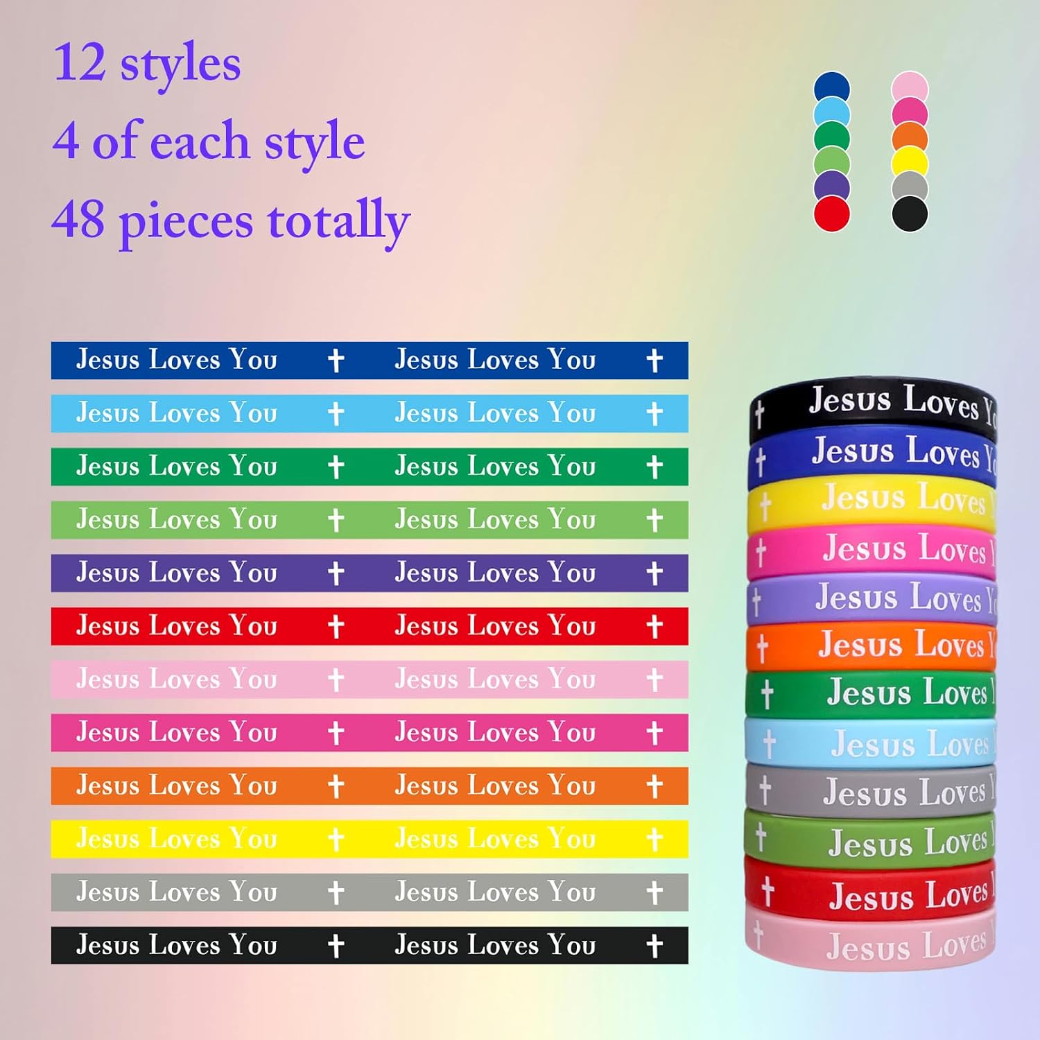 24/48/60Pcs Colorful Jesus Loves You Silicone Bracelets, Christian Wristband Bulk Motivational Religious Bands for Party Church School