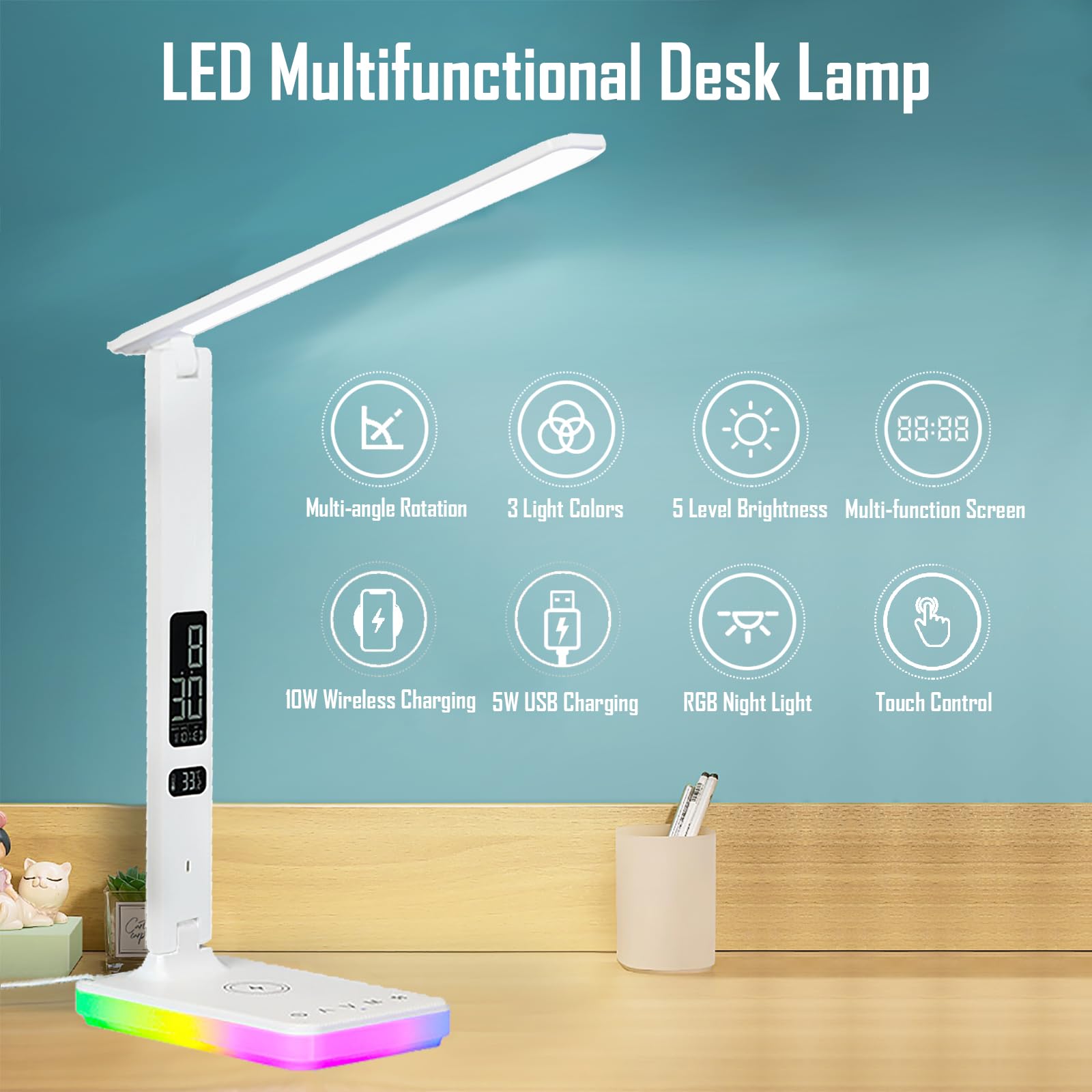 Lampada da tavolo a LED con ricarica wireless e cablata, lampada da tavolo pieghevole, 5 luminosità e 3 modalità di illuminazione, visualizzazione ora e temperatura, luce notturna RGB