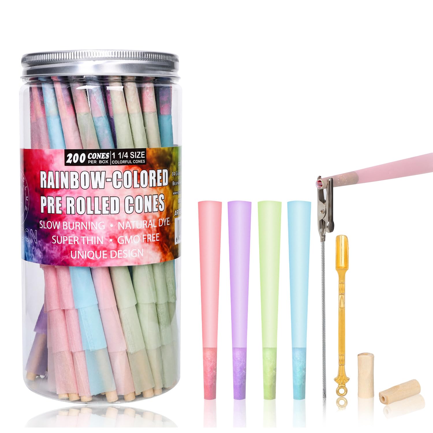 Colorful Cones Rolling Paper| 200 PACK 1 ¼ Size Pre Rolled Cones With Metal Spoon and Wood Filter Tips(GOLDENCLUB GORDONCONES)