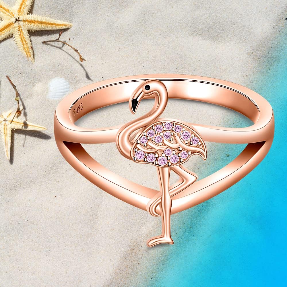 Flamingo Ring for Women Sterling Silver 925 Cute Animal Pink Bird Flamingo Wedding Engagement Finger Rings Summer Jewelry Christmas Gifts