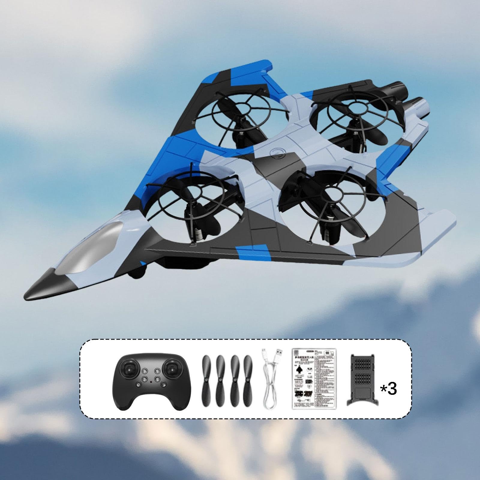 Avión Teledirigido Fijo de Modelo de Avión Planeador con Turboventilador Cuádruple Y Mando Inteligente Adecuado para Niños Adultos Regalo Y Lib, Azul con 3 Pilas