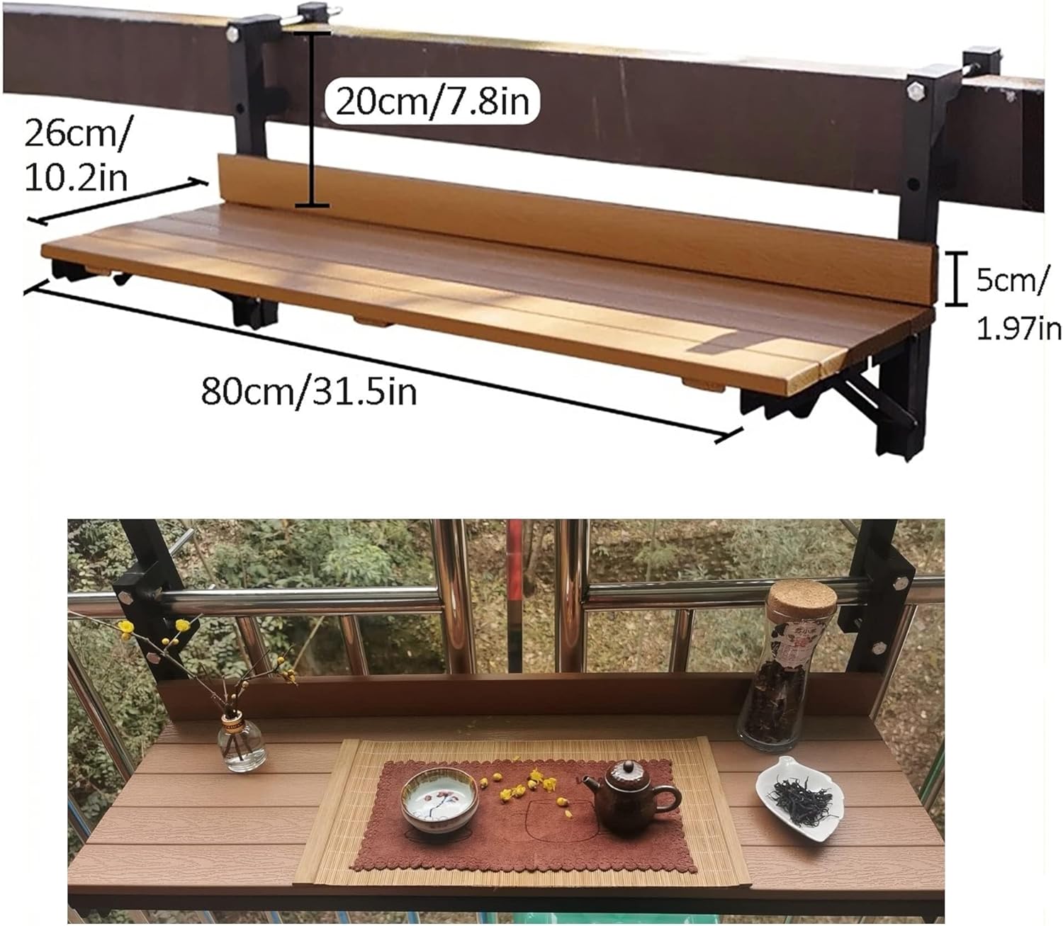 Folding Balcony Bar Table for Railings - Adjustable Wall-Mounted Outdoor Side Table, Patio & Garden Desk 80x26cm(White)