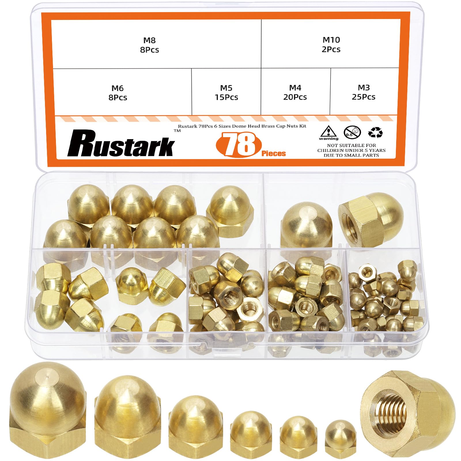 Rustark 78Pcs 6 Sizes Acorn Nuts Assortment Kit Metric Hex Acorn Cap Nuts Brass Hex Nut Crown Cap Nut Dome Head Bolt Cover Caps for Furniture Automotive Indoor Outdoor