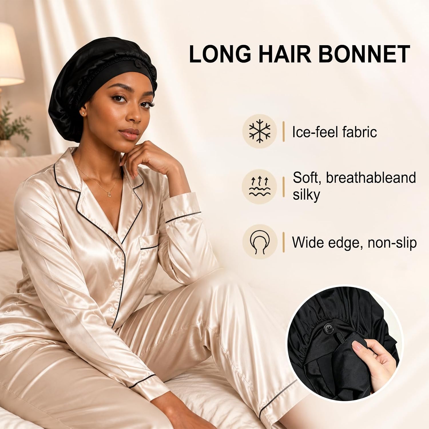 Ice Silk Bonnet for Long Hair, Braid Bonnets for Sleeping with Non-Slip, 35.3" Stay-On Cap for Braids & Locs, Breathable
