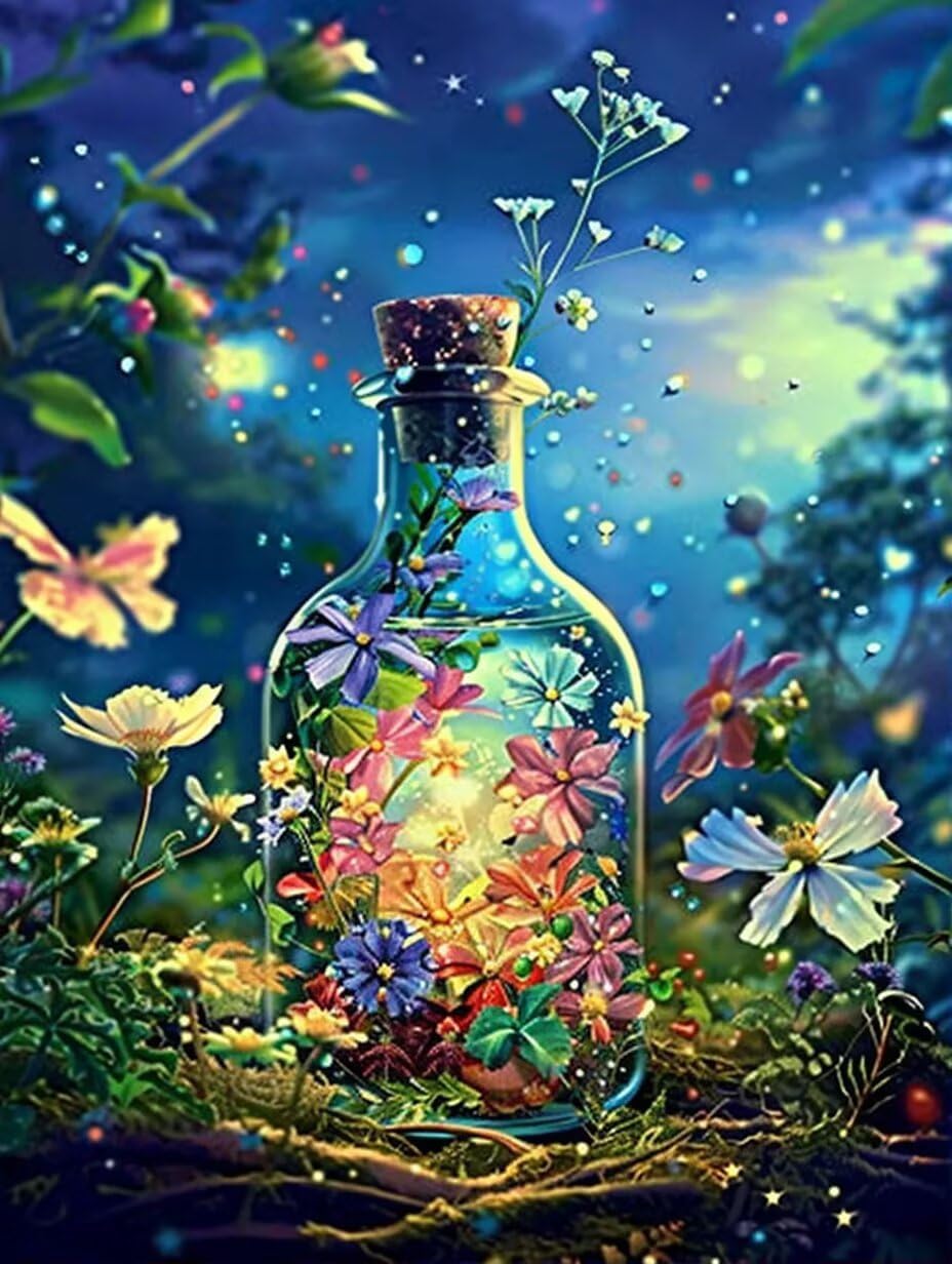 OLMZF Wishing Bottle Diamond Painting Kit, DIY Flowers Diamond Canvas, 5D Diamond Painting Kit for Adult Beginners, Perfect Indoor Wall Art Decor, 20x20 inch