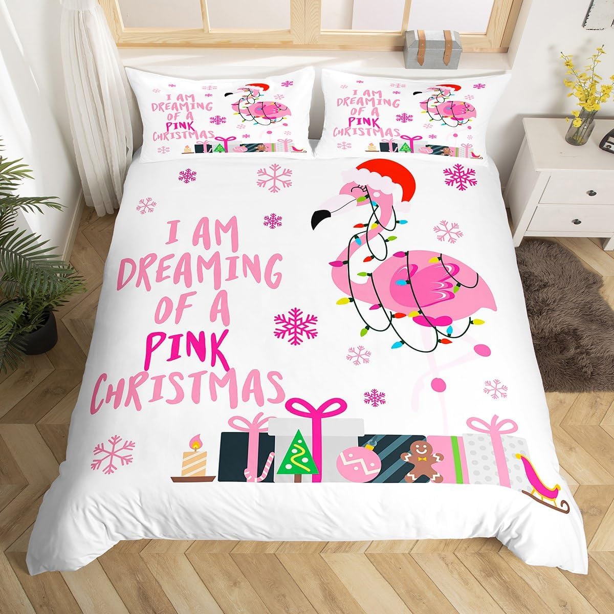 jejeloiu Flamingo Duvet Cover Pink Christmas Bedding Set