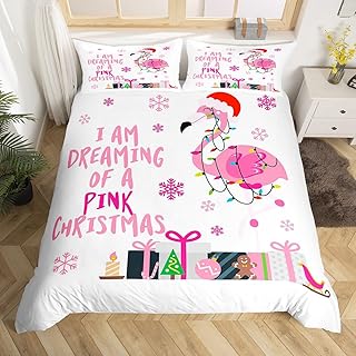 jejeloiu Flamingo Duvet Cover Pink Christmas Bedding Set for Kids Boys Girls Teens Room Decorations Tropical Flamingo Pattern Comforter Cover Set Queen Size Xmas Theme Bedspread Cover 3Pcs Zipper