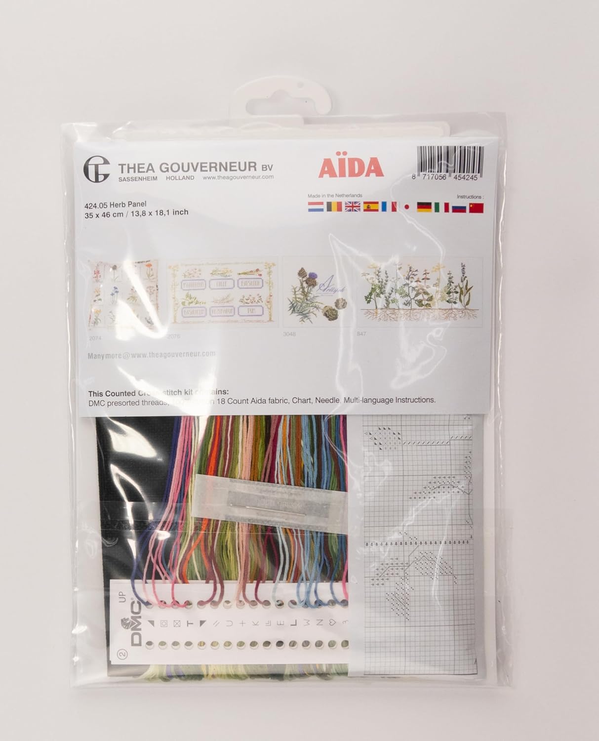Thea Gouverneur - Counted Cross Stitch Kit - Herb Panel - Aida Black - 18 Count - Embroidery Kit for Adults - DMC Embroidery Threads and Other Cross Stitch Supplies Included - 424.05
