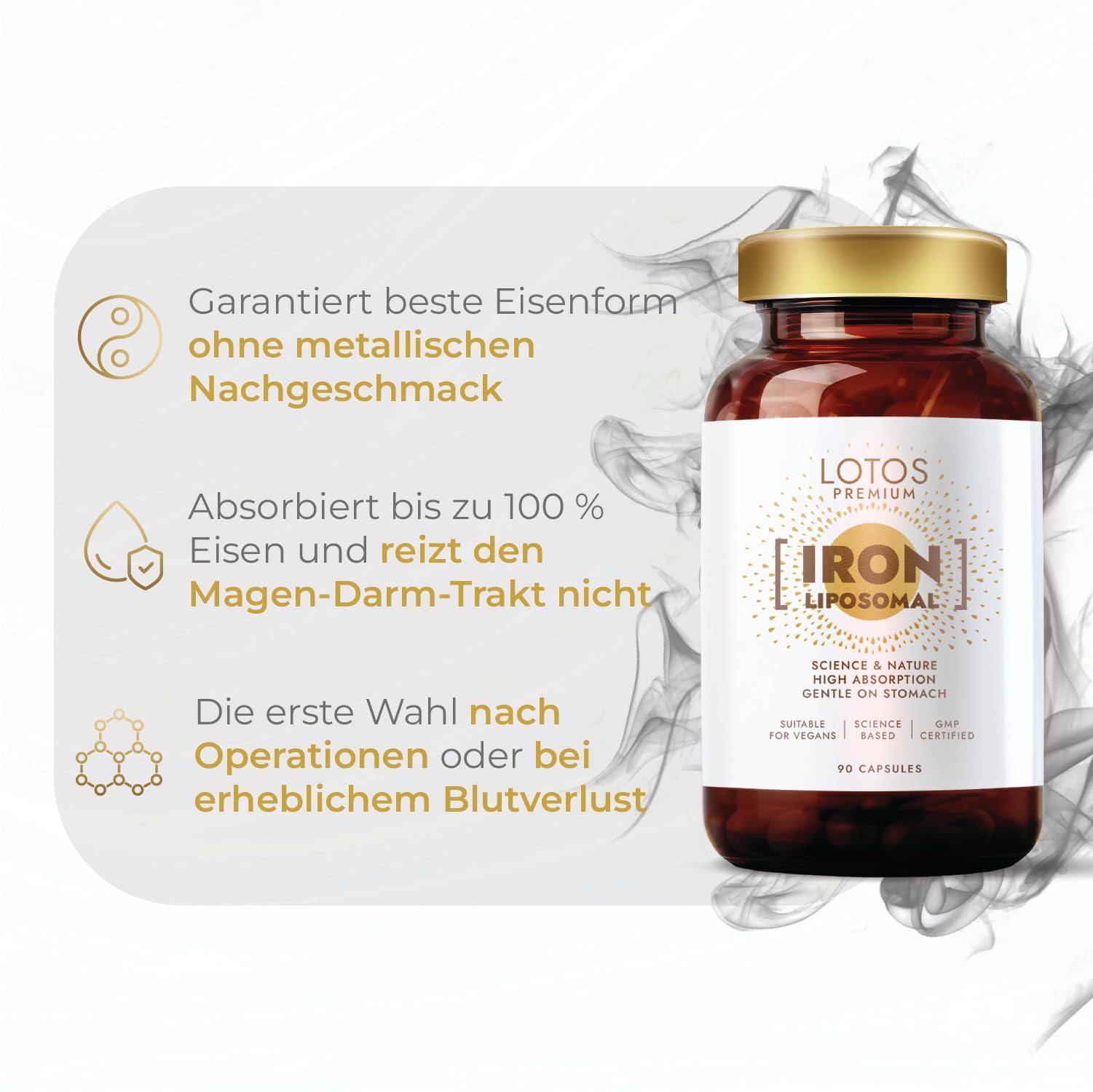 Eisen mit Vitamin B12 - Vegane Eisen - Mit liposomaler Technologie für optimale Vitaminaufnahme - 90 Kapseln 3er Pack - Lotos Premium-Linie, hergestellt nach GMP-Qualitätsstandards