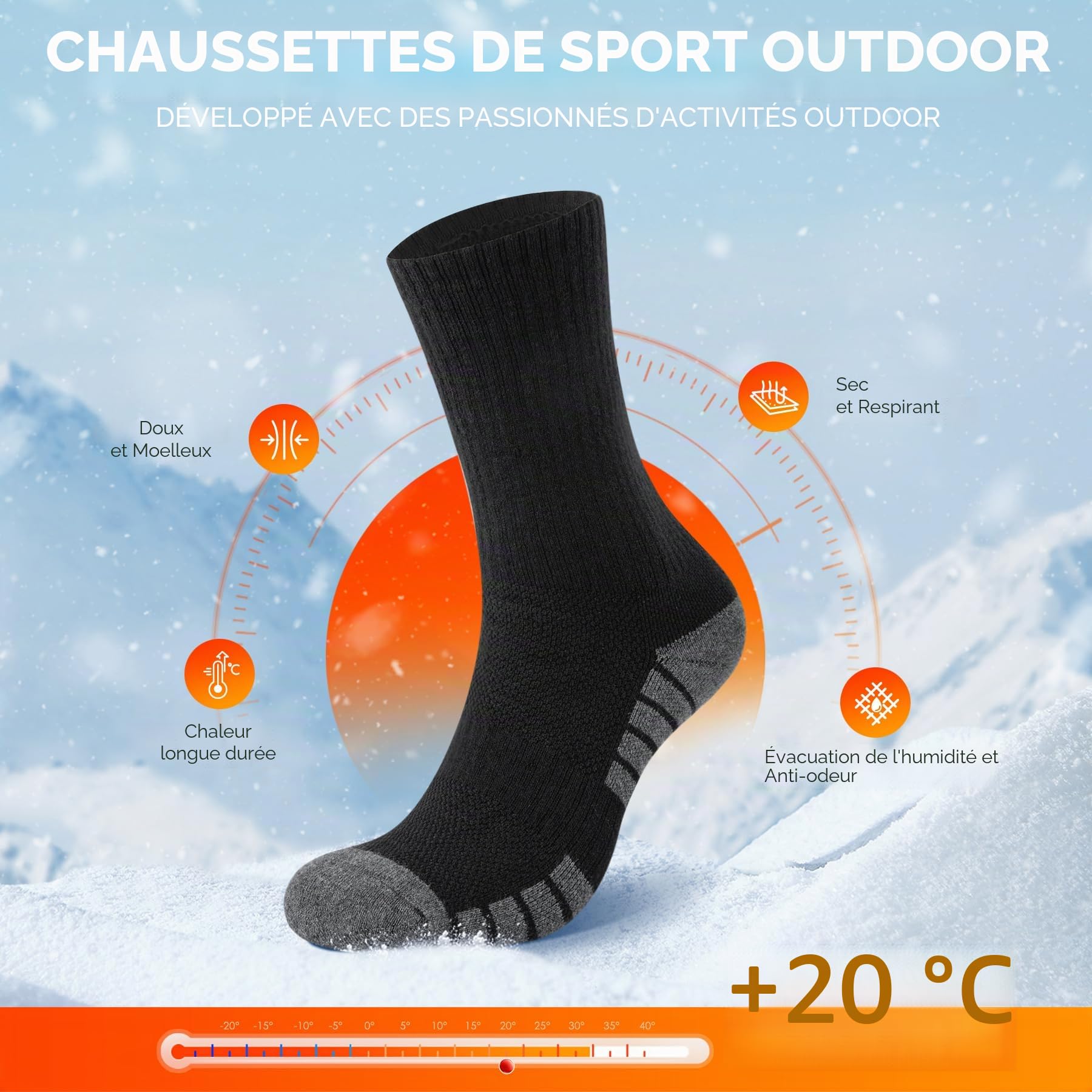 FALARY Chaussette Homme Femme,Chaussettes de Randonnée en Laine Mérinos,Chaussettes Hautes Homme Chaudes, AntidéRapante Respirant RandonnéE Chaussettes Trekking Hiver Sport 3 Paires