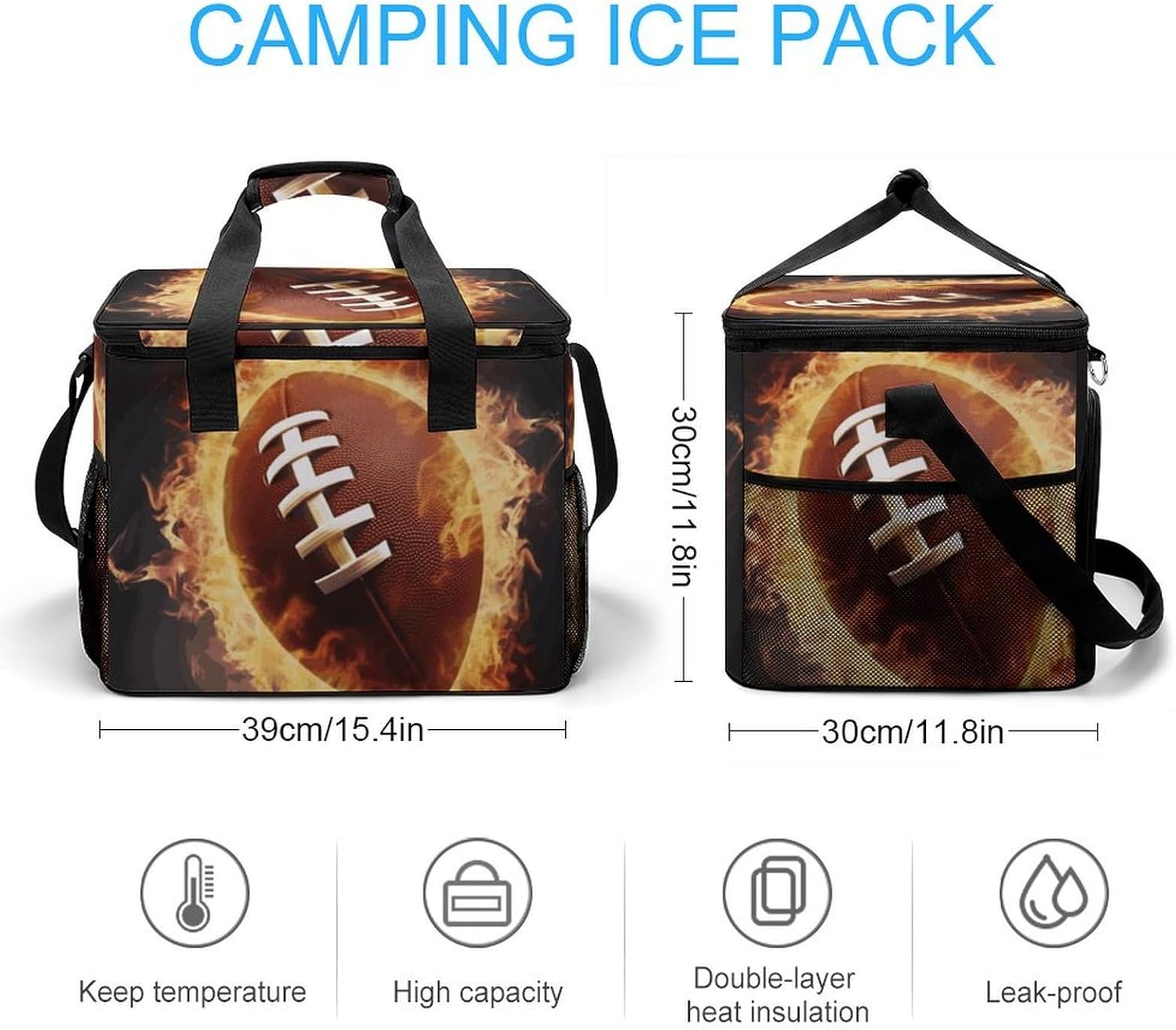 Insulated Picnic Backpack Tote Bag, Large Capacity 30L Flaming American Football Cooler Bag Leakproof Beach Bags Portable Lunch Box Waterproof Picnic Basket for Beach Camping BBQ