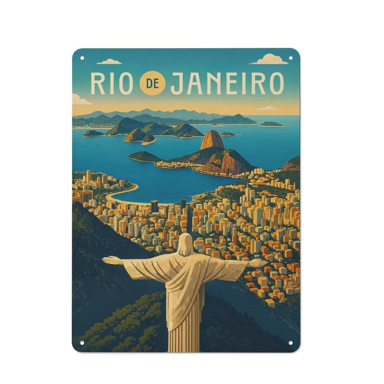 Junmoney Style-18 Rio De Janeiro Travel Poster Brazil – Christ & Sugarloaf Sunset Vintage Tin Sign 40X30cm For Café Or Restaurant, For Café Owners And Decorators, For Retro Home Interiors