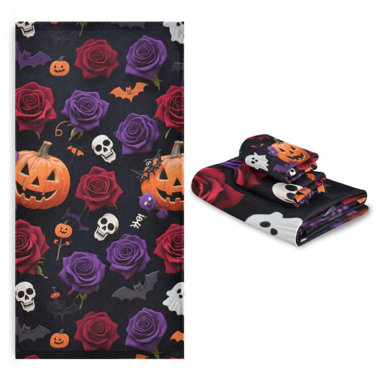 Halloween zucca gialla fiori rosa asciugamani decorativi Set 3 pezzi, 1 asciugamano da bagno 1 asciugamano mani 1 panno per il corpo viso bagno