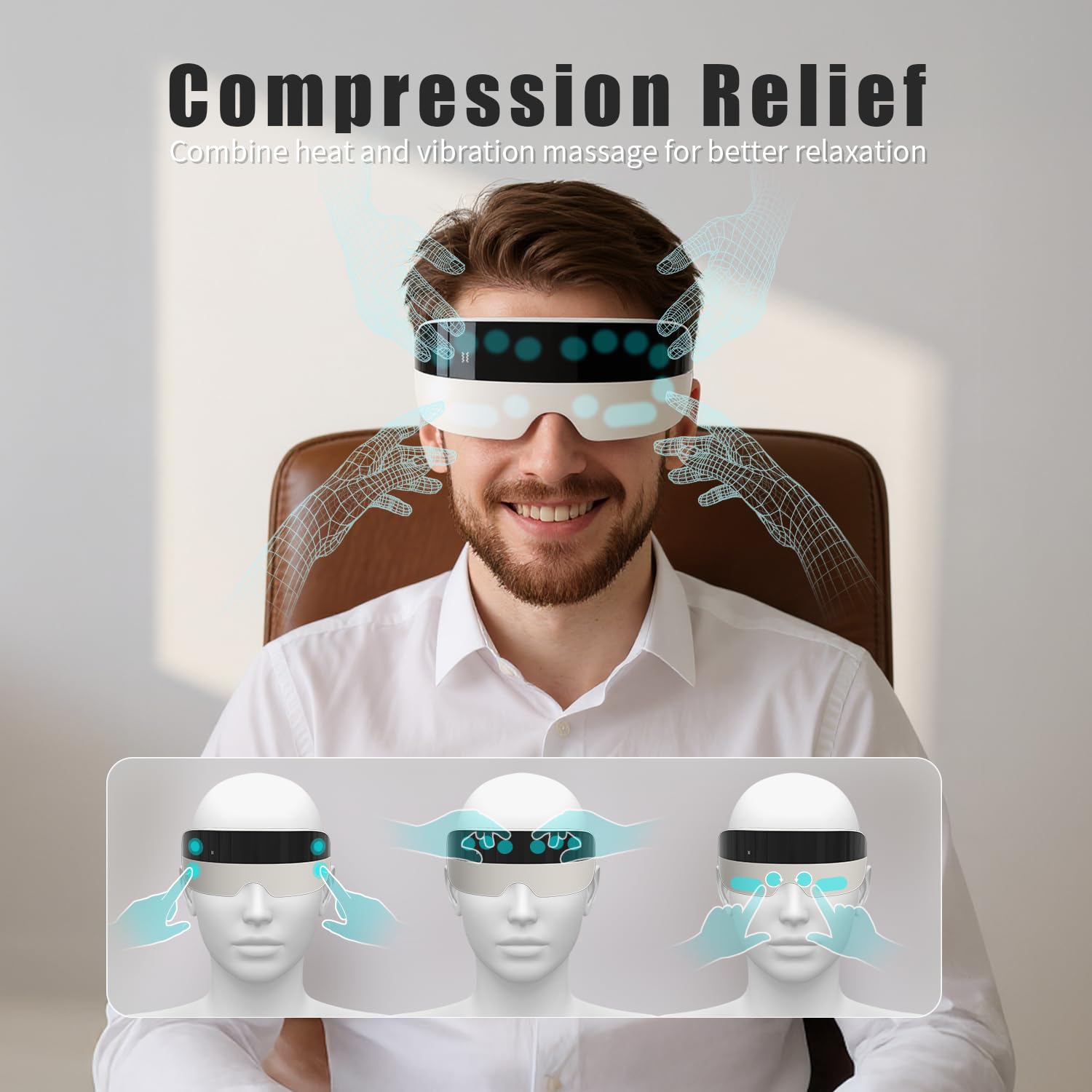 PHOFAY Masajeador de ojos con música, calefacción, modos de compresión, diadema ajustable, dispositivo portátil recargable para el cuidado de los ojos para relajación y alivio de la fatiga (negro y