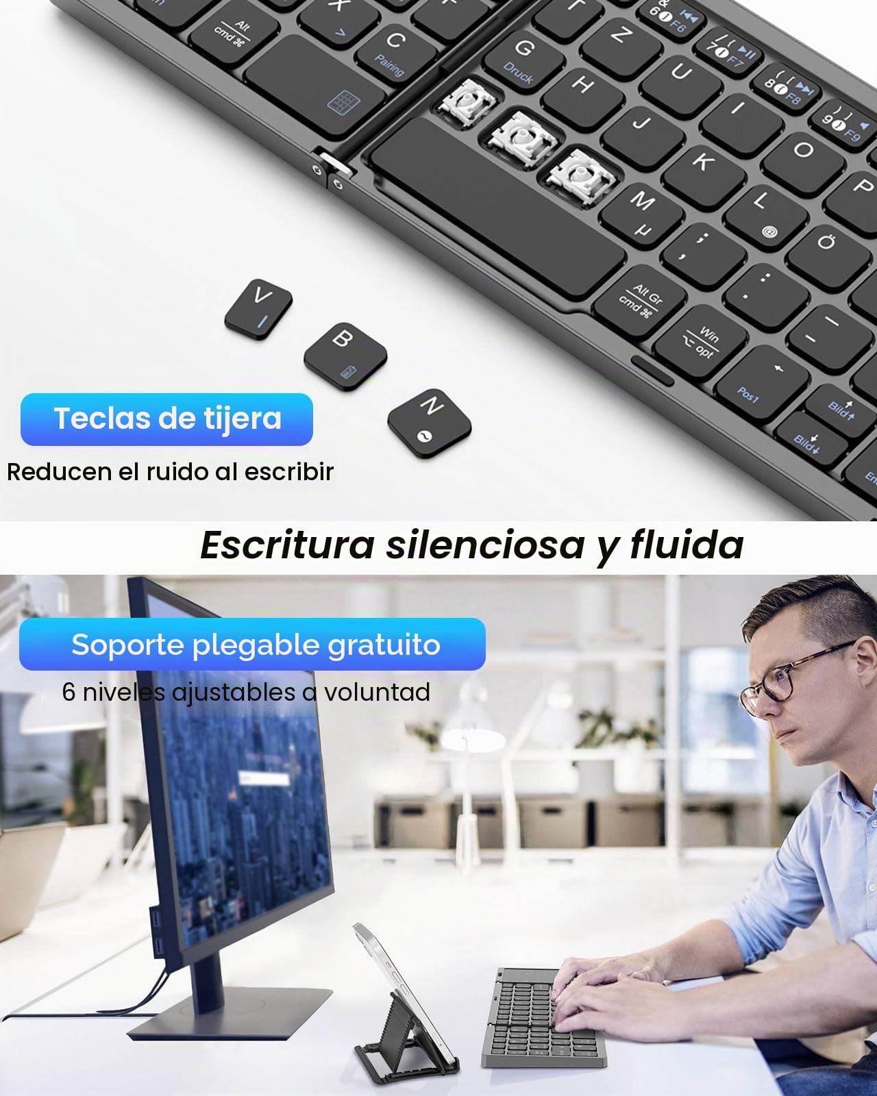 MoKo Teclado Bluetooth Plegable, Teclado Alemán Portátil Inalámbrico QWERTY | Plegable con Touchpad y Pad Numérico, Teclado Recargable Multi Dispositivo para Windows, iOS, Android Tablet/Teléfono Móvil