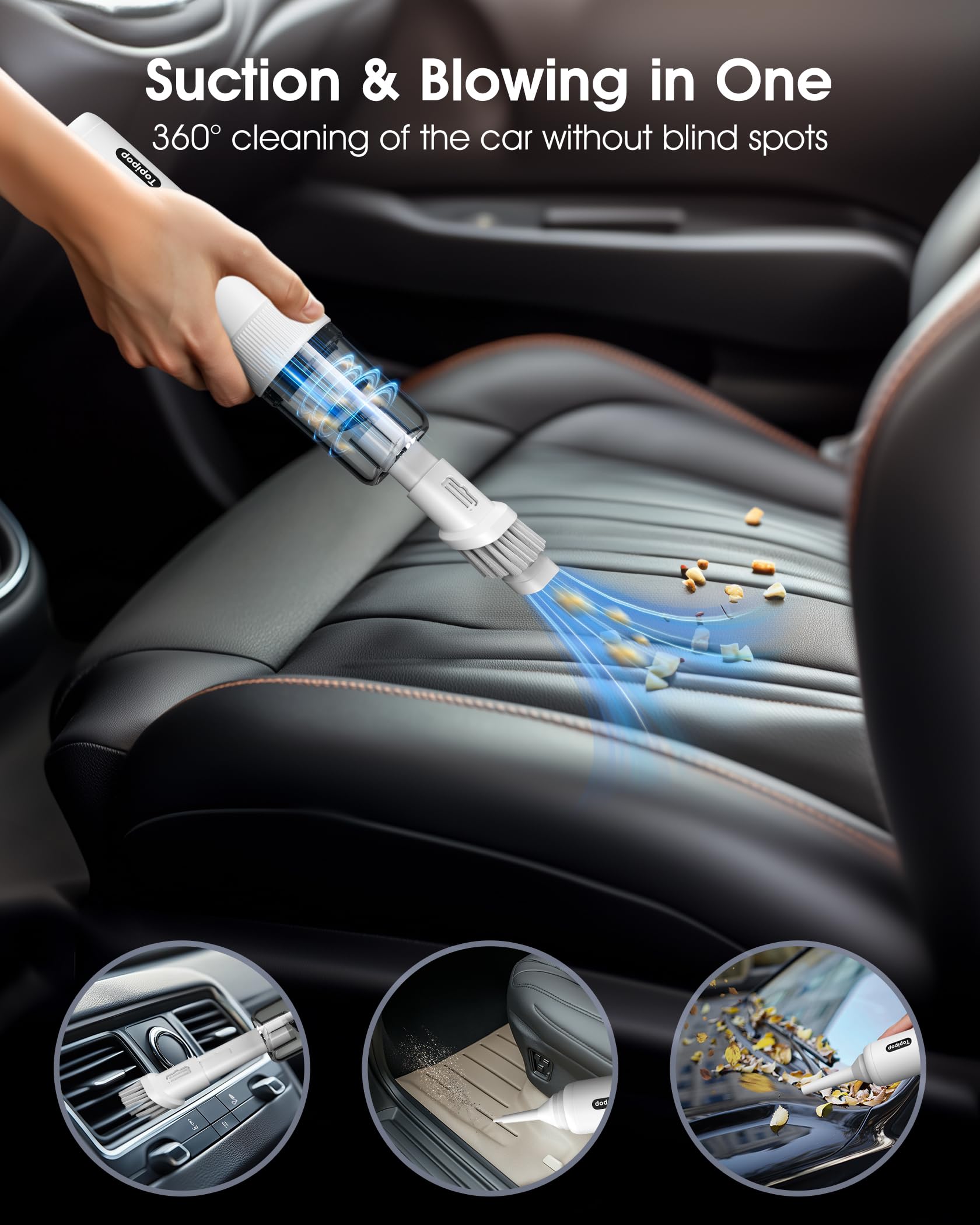 Topipop Aspirapolvere Auto, 21000PA Aspirabriciole Senza Fili, Mini Aspiratore Portatile & Potente Con Multifunzione, Piccolo Aspira Briciole Con luce LED per Casa, Ufficio, Campeggio