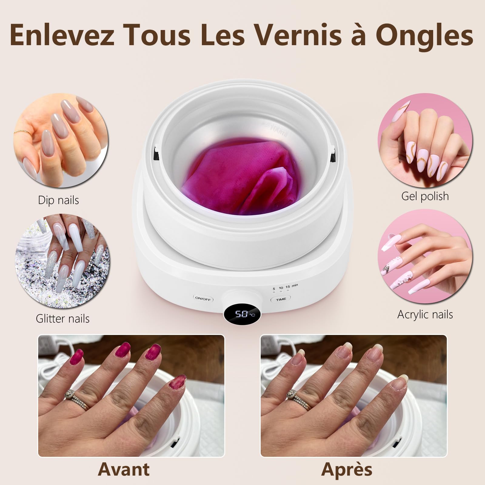 Removedor de uñas eléctrico de temperatura ajustable, limpiador de uñas eléctrico tazón de remojo de uñas, quitar el esmalte de uñas de gel acrílico
