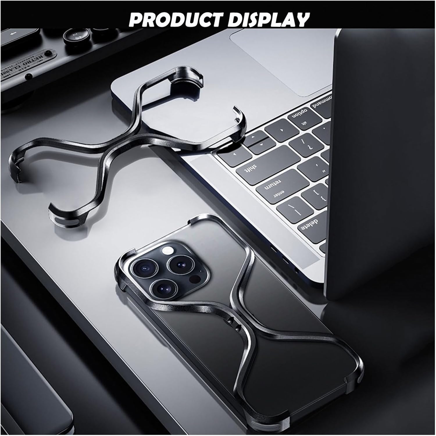 Metal Frameless Case for iPhone 16 Pro Max, Aluminum Alloy Hollow Heat Dissipation Ultra-Slim Lightweight Shockproof Minimalist Cover, Includes Anti-Spy Screen Protector, X-Shaped(Desert,16 Pro Max)