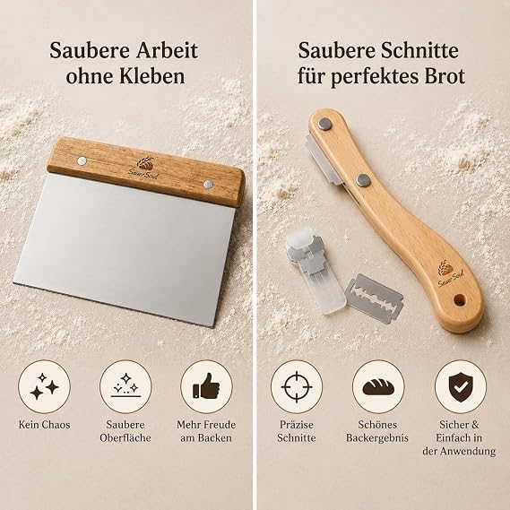 SauerSoul Premium Sourdough Baking Set - 3 Essential Bread Baking Tools: Danish Whisk Dough Card & Bread Knife - With Wooden Handles Organic & Ergonomic - Beautiful Gift for Bread Lovers