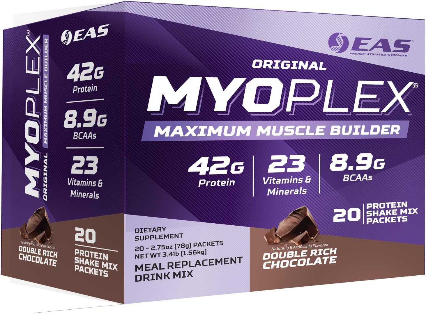 EAS Original Myoplex Maximum Muscle Builder | Meal Replacement Protein Drink Mix | Quality Protein Blend | 42g Protein | 20 Individual Packets (Double Rich Chocolate)