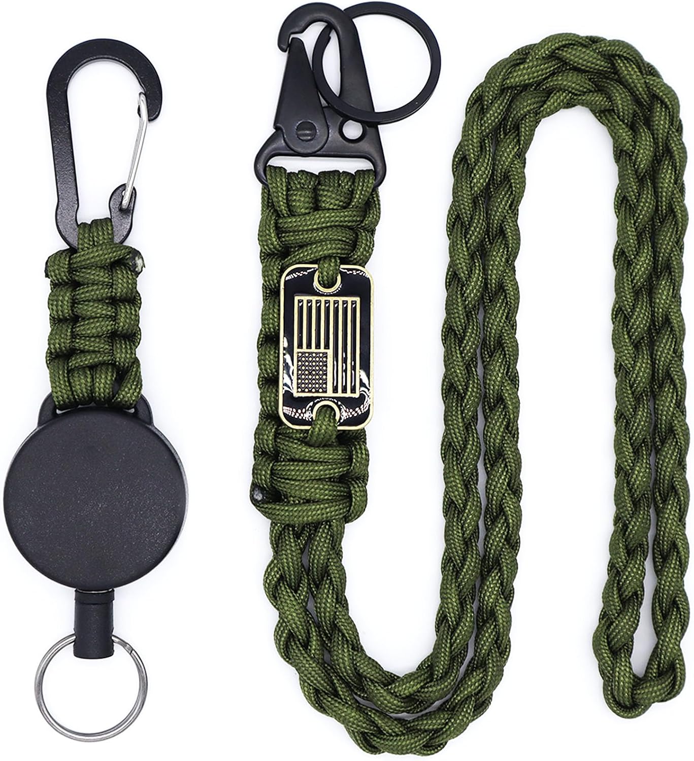 2 Pcs Retractable Keychain, Heavy Duty Carabiner Badge Holder with Extendable ID Clip Reel, USA Flag Paracord Lanyard, Steel Cable & Parachute Rope Necklace