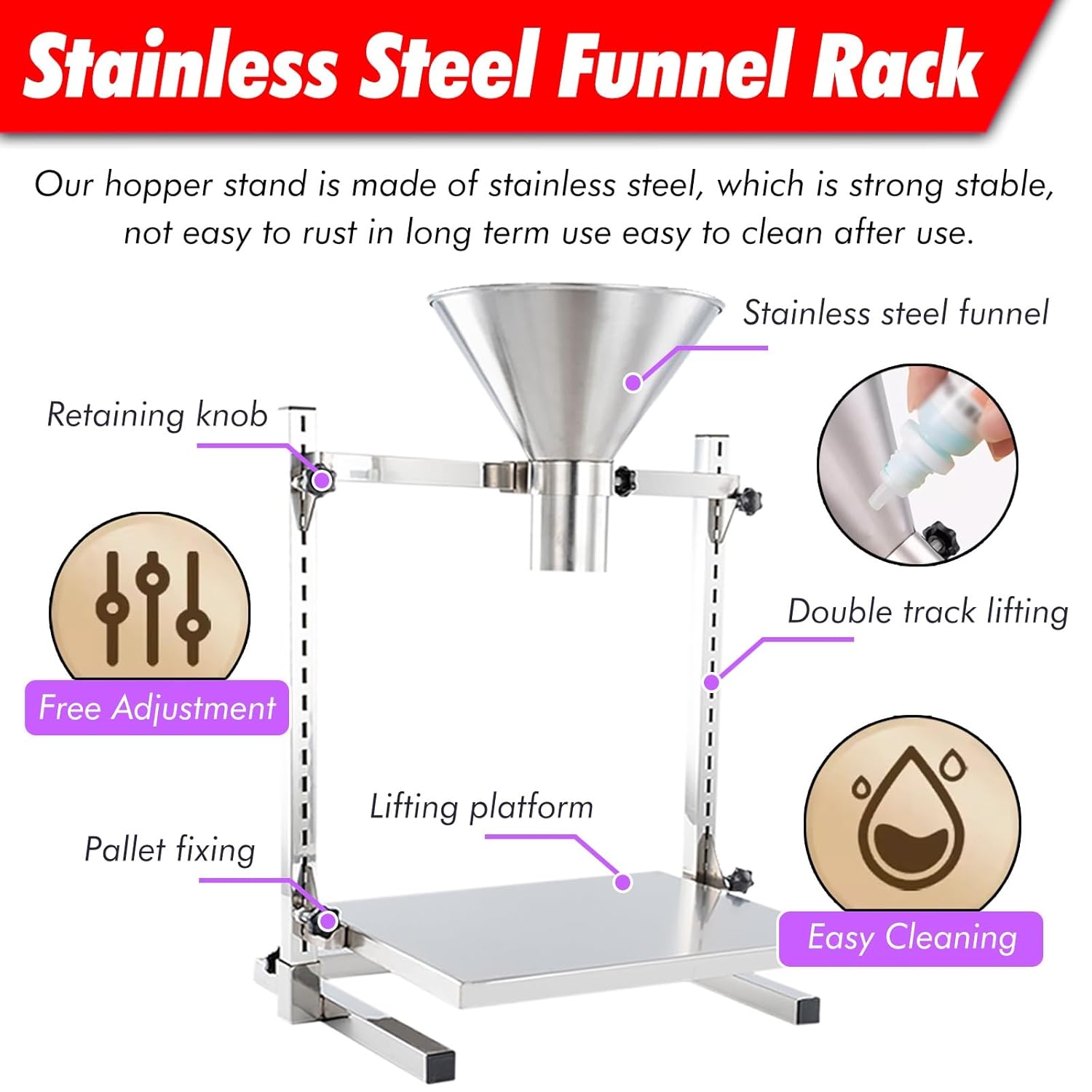 Diagram highlighting features like stainless steel funnel, retaining knob, double track lifting, lifting platform, pallet fixing, free adjustment, and easy cleaning.