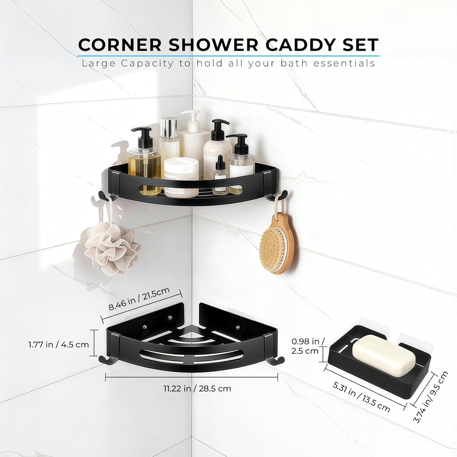 Corner Shower Caddy Adhesive, 3 Pack Rustproof 304 Stainless Steel Bath Organizers, No-Drill Corner Shower Shelves Soap Holder for Bathroom Storage, Black