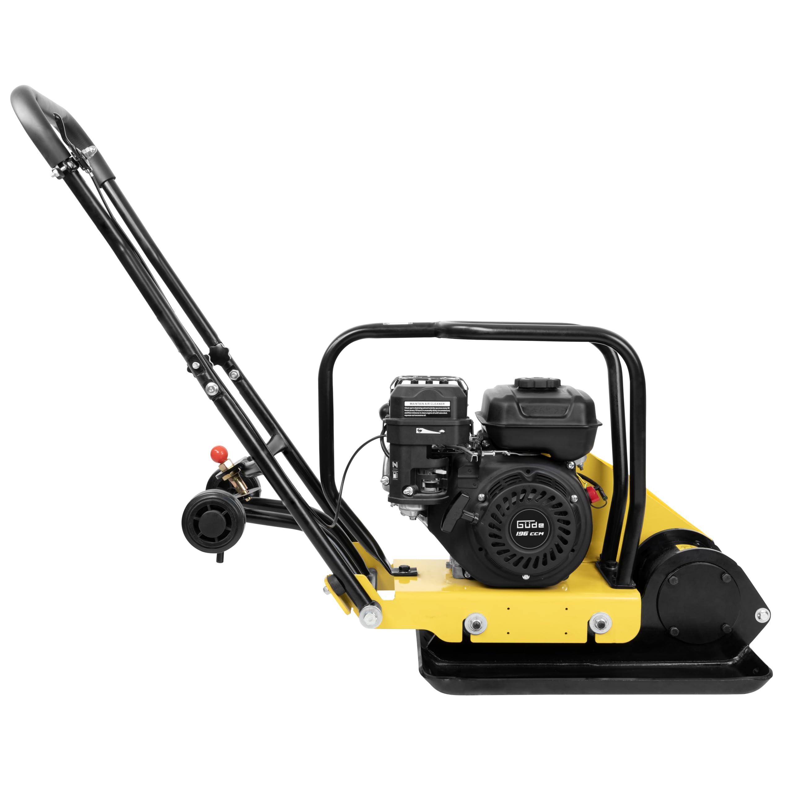 Güde GRP 80E Rüttelplatte - 4-Takt-Motor, 196 Kubikzentimeter Hubraum, 4,1 Kilowatt, 5,5 PS, 42 x 52 Zentimeter Arbeitsplatte, 14 kN Verdichtungsdruck, 20 m/min Vorlauf, Polyurethanmatte, Fahrwerk