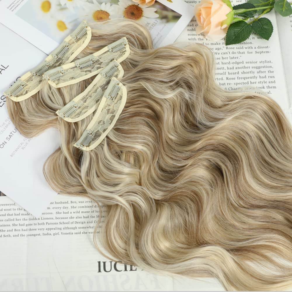 Fine Plus Hair Extensions Clip in 4PCS Sandy Blonde with White Highlights 20Inch Hair Extension Long Wavy Full Head Clip in Hair Extensions Synthetic Fiber Hair Pieces for Women - Image 4