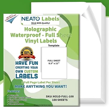Holographic Vinyl Sticker Paper - 100 Sheets -Self-Adhesive, Waterproof, Tear-Resistant Custom Labels for Inkjet & Laser Printers, All Cutting Machines - Customizable Full Sheet Stickers - 8.5" x 11"