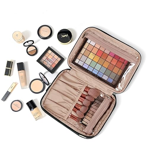 Miniatura 7 de NISHEL Bolsa de maquillaje de viaje extra grande de doble capa para mujer, estuche organizador de cosméticos, accesorios esenciales de viaje con