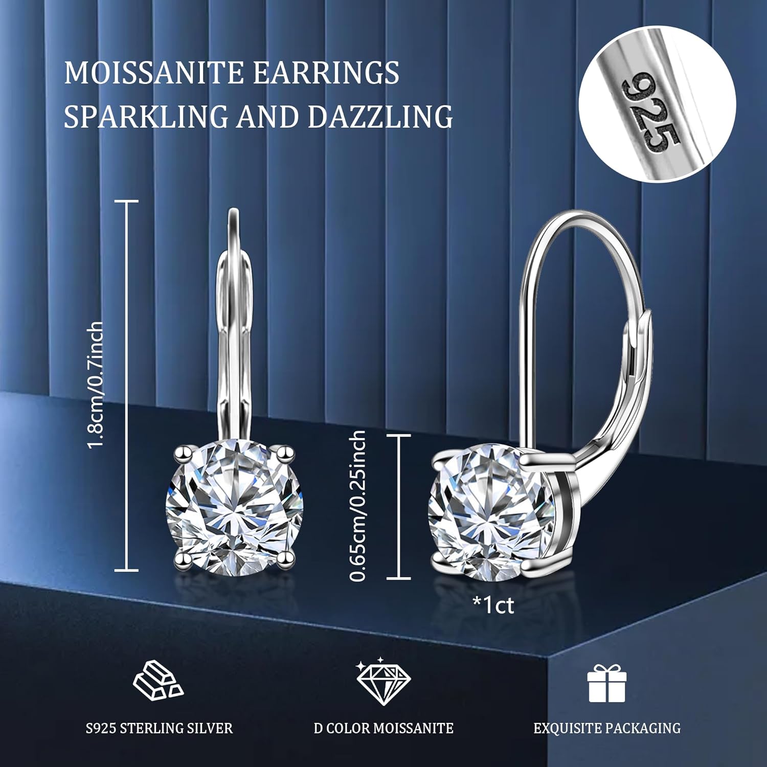 Moissanite Earrings, White Gold Plated Soild Sterling Silver Dangle Earrings 1.0ct-2.0ct D Color Brilliant Round Cut Lab Created Moissanite French Leverback Drop Earring for Women - Image 2