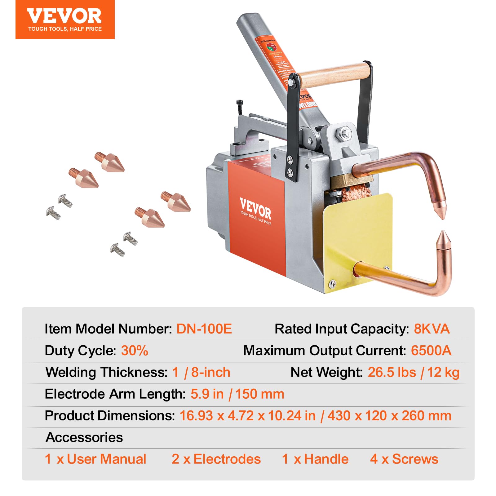 VEVOR Soudeuse par points portable, épaisseur 1/8", machine à souder par points, capacité d'entrée de 8 kVA, machine pointe de soudage pour tôle d'acier au carbone, acier inoxydable, tôle
