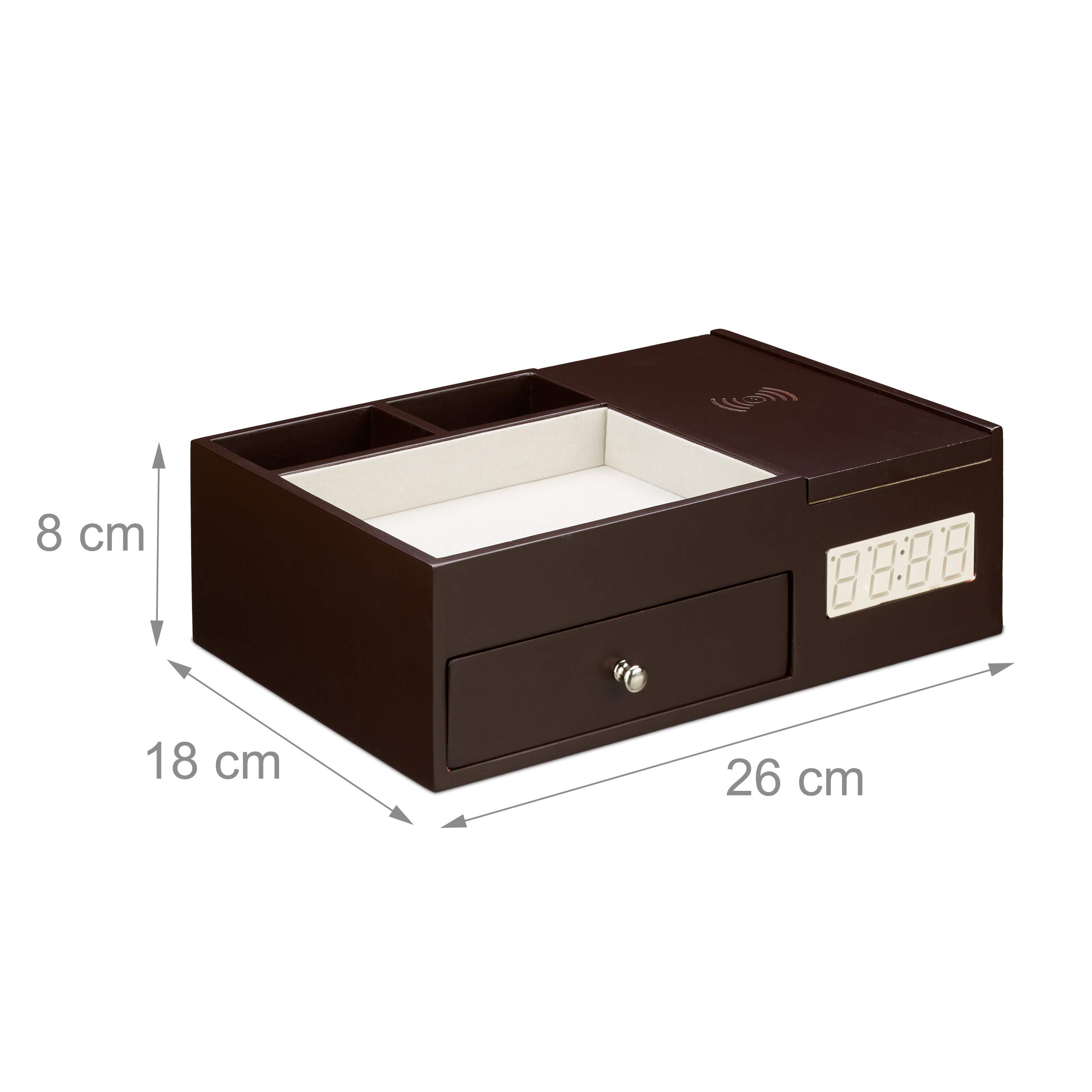 Relaxdays Chargeur Induction avec Organisateur de Rangement et Montre Fonction réveil, Chargement sans Fil, Dimensions 8 x 26 x 18 cm, Expresso