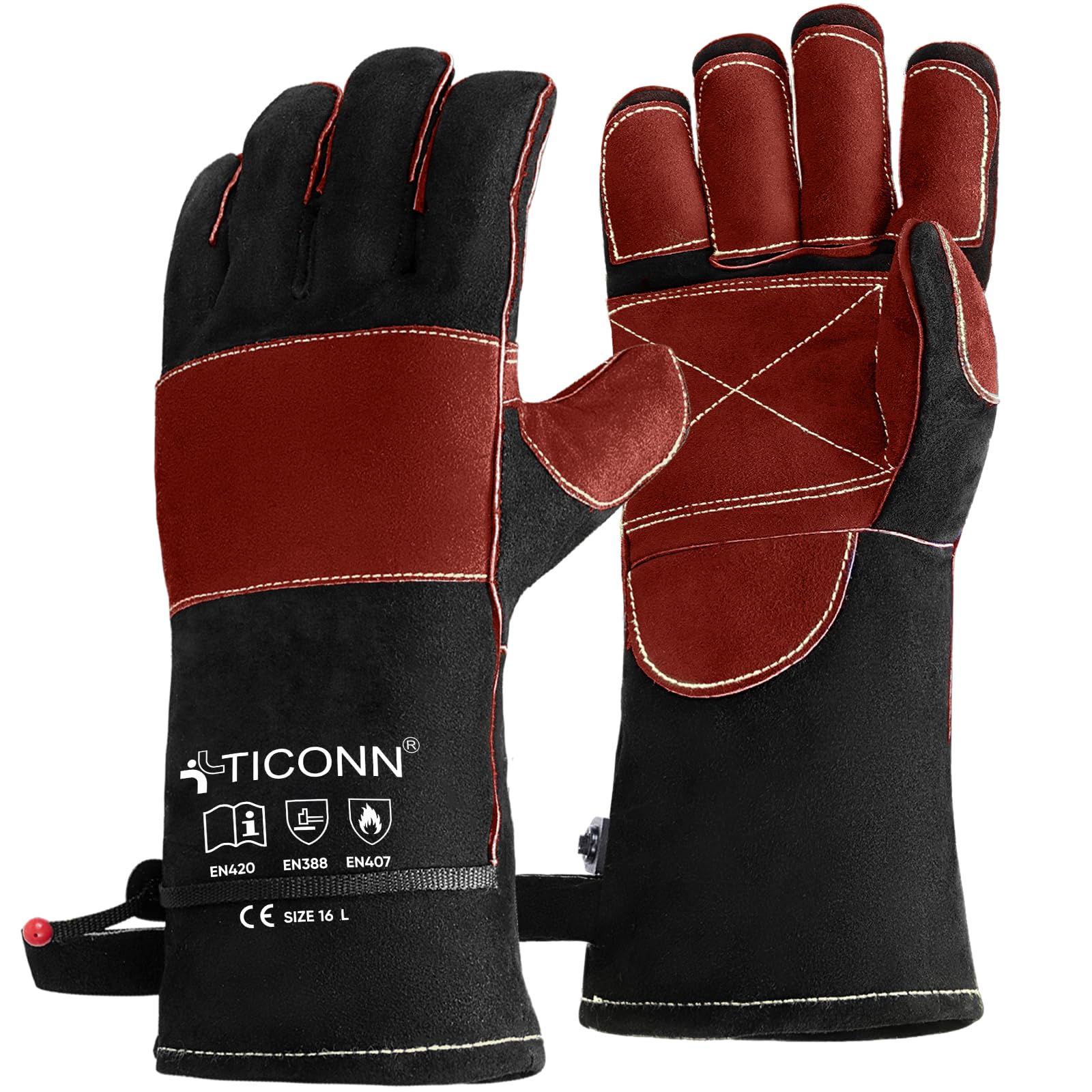 TICONN Gants de soudage de 40,6 cm, résistants à la chaleur de 537,8 °C, gants en cuir ignifuges pour soudeur, bâton, forge, Mig, Tig, barbecue, pâtisserie, four (noir/rouge, taille L)