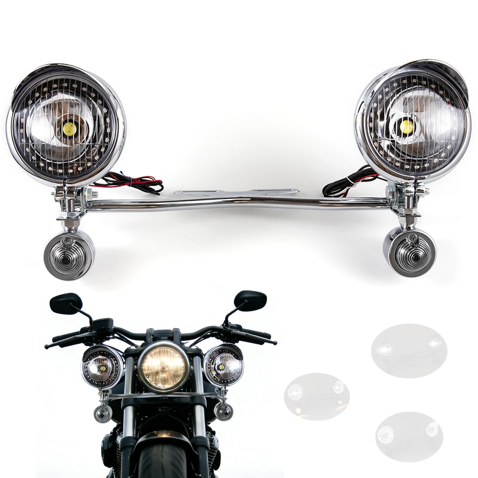 Universal faros auxiliares de moto custom LED con soporte 1 juego faros antiniebla para motocicleta cromados compatible con Shadow VT 750 1100