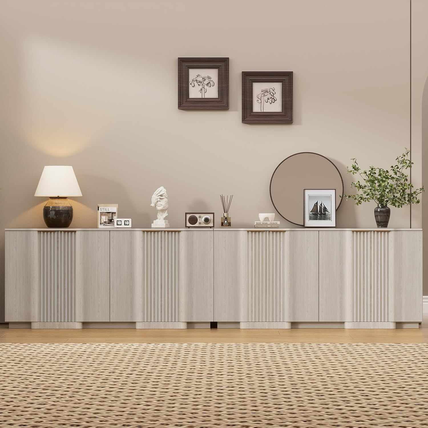 Brafab Buffet Cabinet, 110" Modern Farmhouse Accent Sideboard Cabinet with 8 Doors, Wood Fluted Credenza for Living Room and Kitchen, White