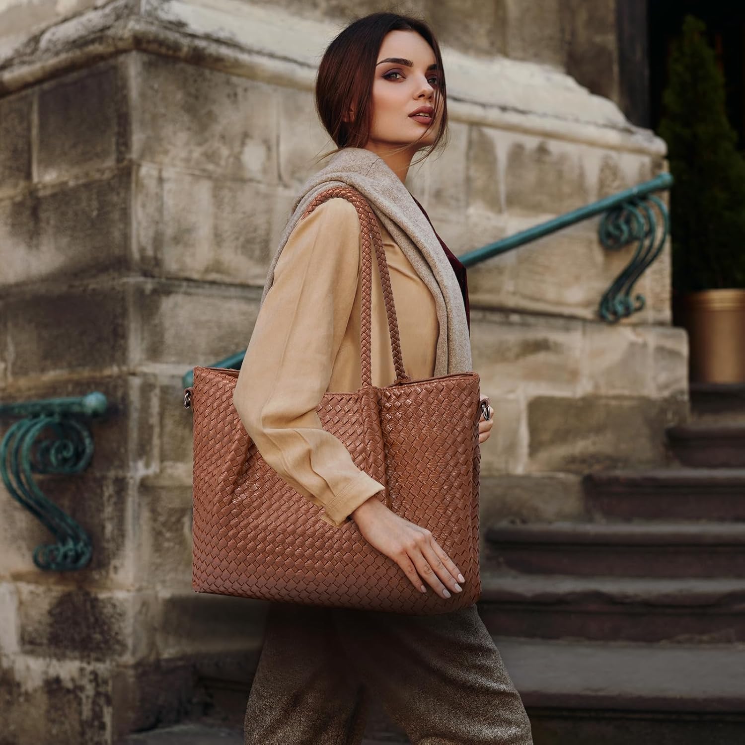 LOVEVOOK Woven Tote Bag for Women Vegan Leather Shoulder Handbag for Travel Work Crossbody Purse - Image 2