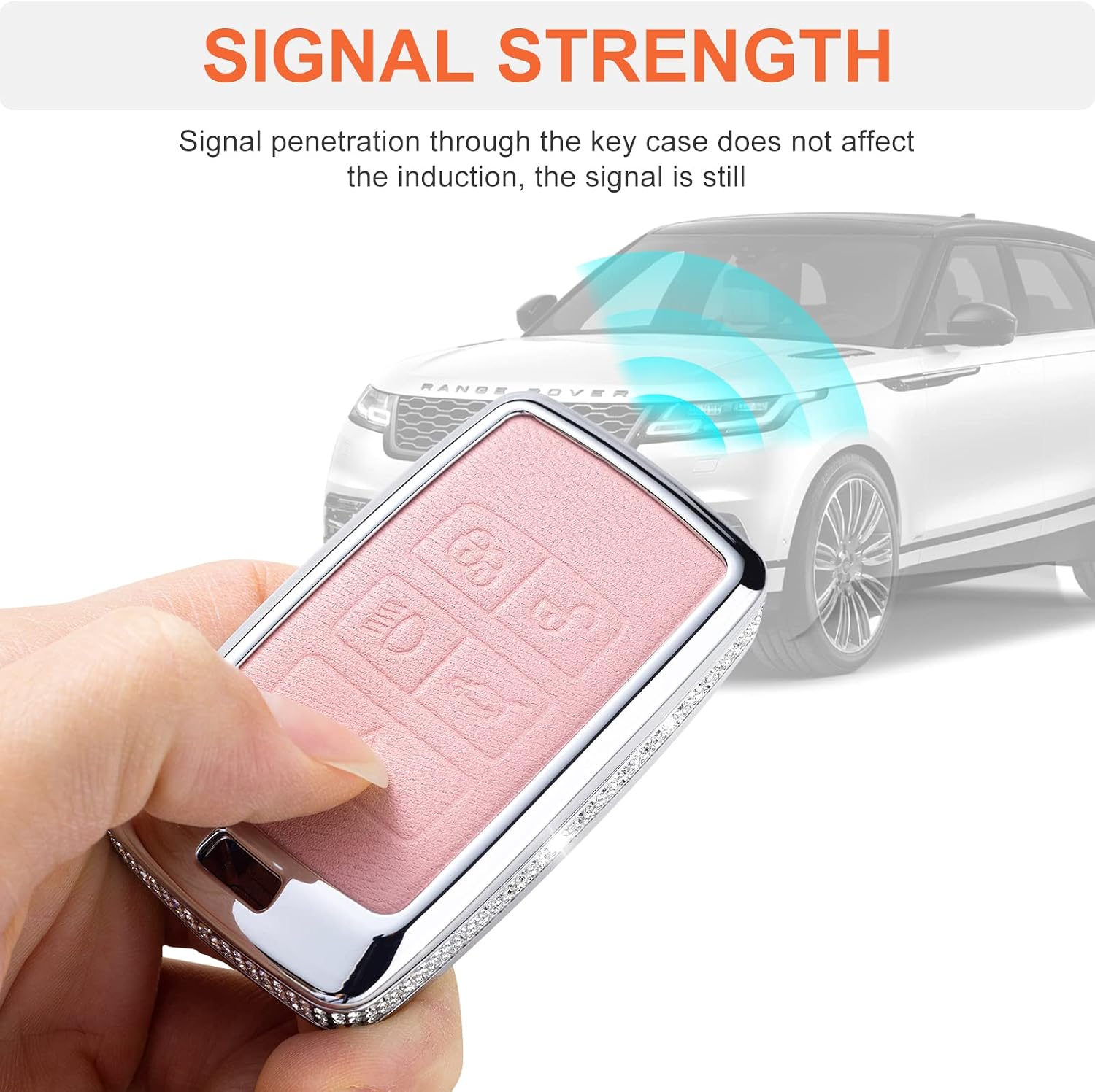 for Land Rover Key Fob Cover with Keychain, Pink Genuine Leather Crystal Key Case Protection Shell Compatible with Land Rover Vogue Range Discovery Rover Sport image 4