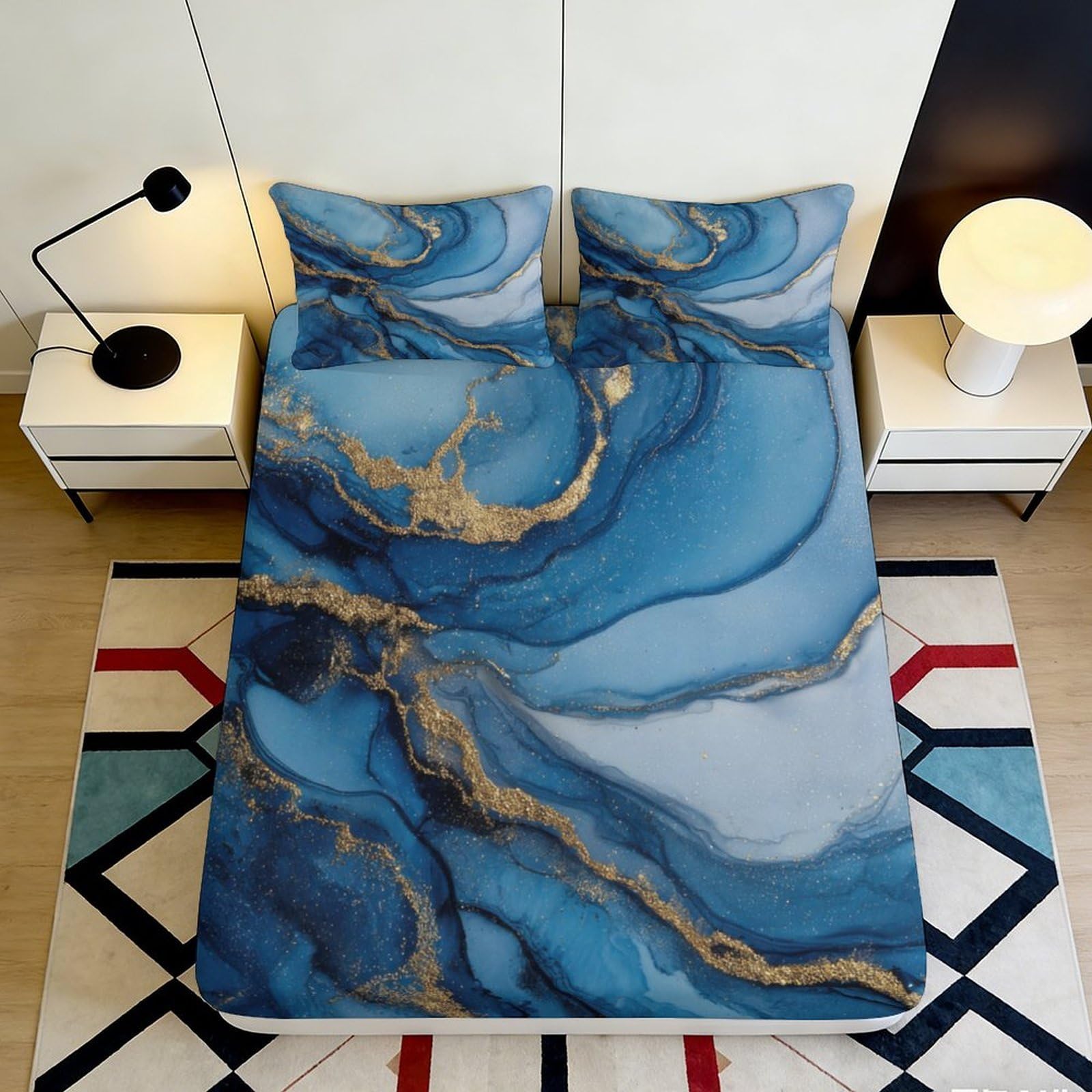 Uynsixtme Style-3 3D Printed Marble Pattern Fitted Sheet Microfiber Non-Slip Deep Pocket Marble Mattress Fitted Cover Full Wrap Bedroom Bedding 200X200x25cm